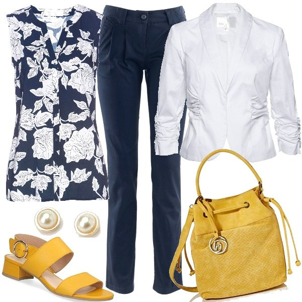 Outfit donna - Un tocco di giallo. Stile Basic per Tutti i giorni. Abbinamento con pantaloni chino, camicie, blazer, orecchini, borse a tracolla, sandali in pelle.