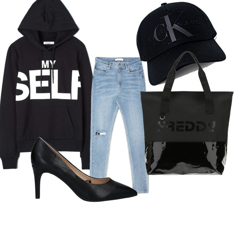 Outfit donna - Urban #11310. Stile Urban per Tutti i giorni. Abbinamento con décolleté, felpe con cappuccio, cappelli con visiera, jeans strappati, shopping bag.