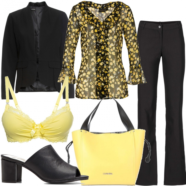 Outfit donna - Il reggiseno con la blusa. Stile Sexy per Ufficio. Abbinamento con pantaloni, tuniche, reggiseni, ciabatte, blazer, borse a mano.