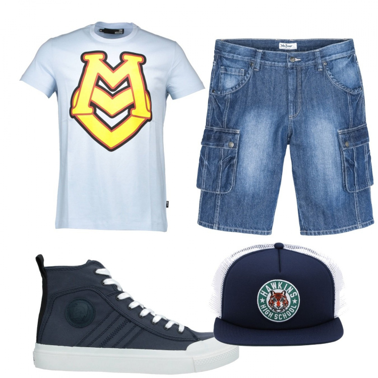 Outfit uomo - Casual #12351. Stile Casual per Tutti i giorni. Abbinamento con bermuda, sneakers alte, cappelli, t-shirt.