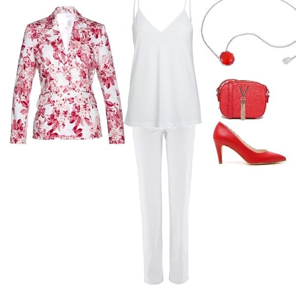 Outfit donna - Bianco e rosso anche d\'estate. Stile Chic per Ufficio. Abbinamento con pantaloni, blazer con spacco fantasia con spalline viola, top senza maniche con fasce bianco, borsa a tracolla con zip argento, décolleté, ciondolo effetto lucido in acciaio inox rosso.
