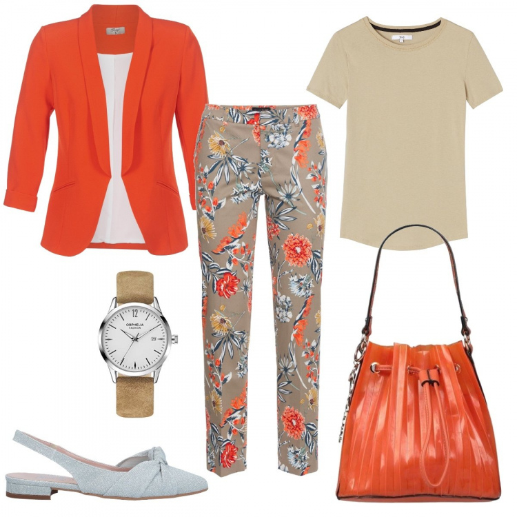 Outfit donna - Per il lavoro. Stile Trendy per Ufficio. look ideale per Petite. Abbinamento con pantaloni, borse a mano, ballerine, giacche, t-shirt, orologi.