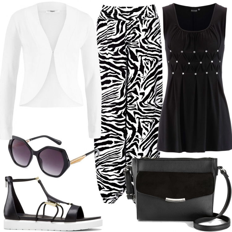 Outfit donna - Primi spunti per l\'estate. Stile Trendy per Mare. Abbinamento con pantaloni a palazzo, top, blazer, sandali, borse a tracolla, occhiali da sole.