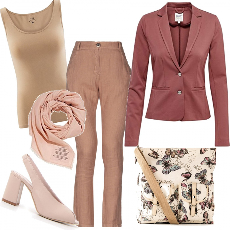 Outfit donna - Scapotta l\'auto. È ora!. Stile Chic per Tutti i giorni. Abbinamento con pantaloni, borse a tracolla, blazer, décolleté, sciarpe, canottiere.