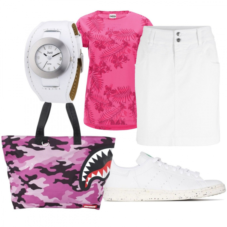 Outfit donna - Palme e fiori. Stile Basic per Tutti i giorni. Abbinamento con minigonne, borse tote, sneakers, t-shirt, orologi.
