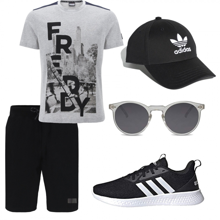 Outfit uomo - Con gli amici. Stile Urban per Tutti i giorni. Abbinamento con cappelli con visiera, t-shirt, bermuda, sneakers, occhiali da sole.