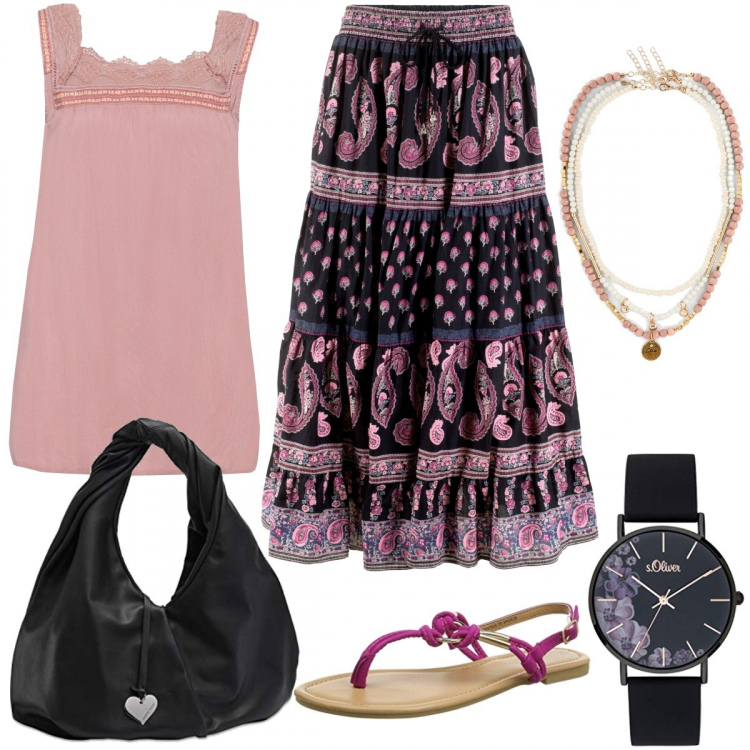 Outfit donna - Gonna gipsy. Stile Trendy per Tutti i giorni. Abbinamento con gonne lunghe, top, collane, orologi analogici, borse tote, sandali.