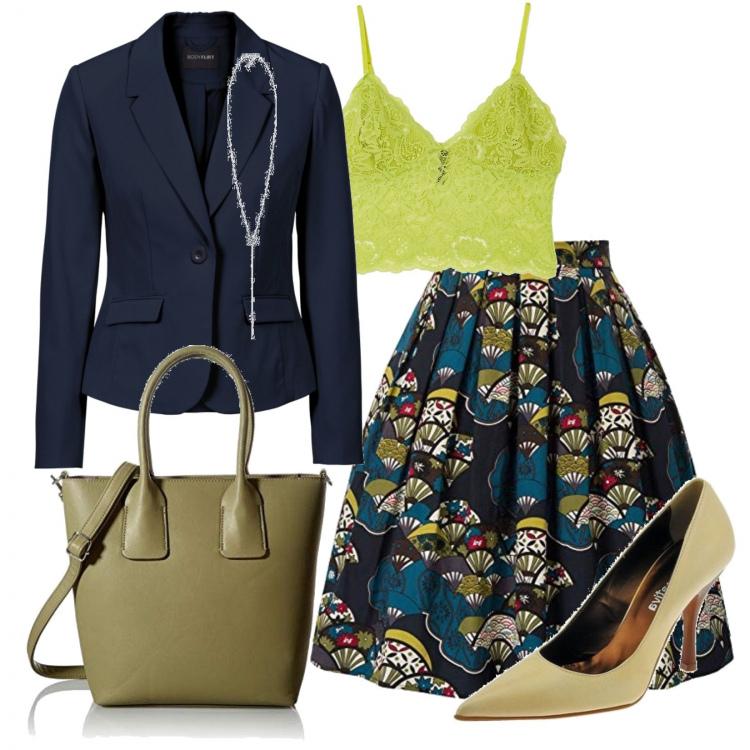Outfit donna - Per cambiare un po\'. Stile Bon Ton per Serata fuori. Abbinamento con blazer, décolleté, top, gonne longuette, collane, shopping bag.