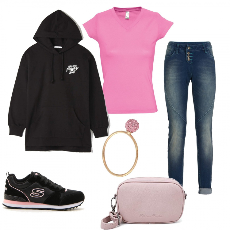 Outfit donna - La felpa maxi. Stile Trendy per Tutti i giorni. Abbinamento con jeans boyfriend, felpe con cappuccio, t-shirt, sneakers, anelli, borse a spalla.