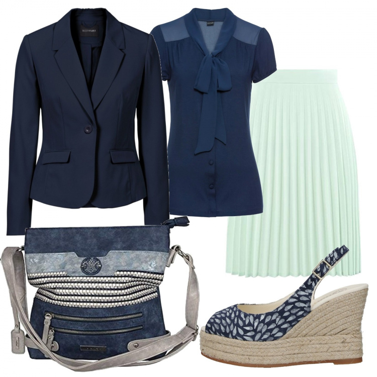 Outfit donna - Verde acqua Blu. Stile Basic per Tutti i giorni. Abbinamento con blazer, bluse, sandali col tacco, borse a mano, gonne longuette.