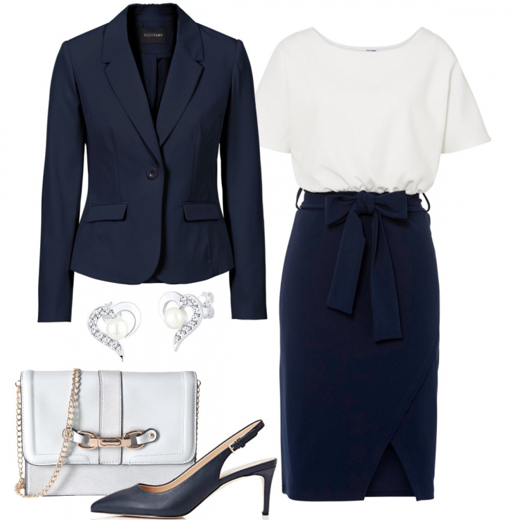 Outfit donna - Un abito “a modo”. Stile Chic per Ufficio. Abbinamento con blazer, vestiti, borse a tracolla, scarpe col tacco, orecchini.