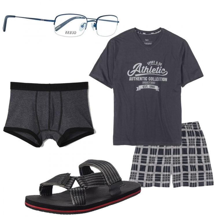 Outfit uomo - Sabato tv e divano. Stile Casual per Tutti i giorni. Abbinamento con abbigliamento da notte, boxer, occhiali, pantofole.