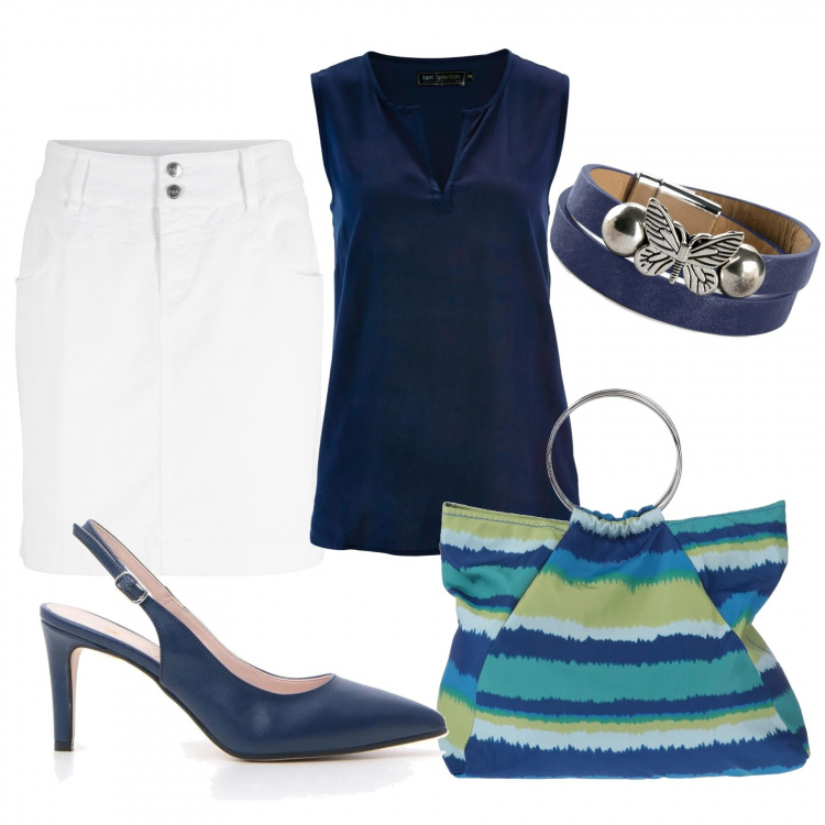 Outfit donna - Borsa multicolore. Stile Trendy per Tutti i giorni. Abbinamento con minigonne, top, braccialetti, borse a mano, décolleté.