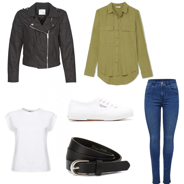 Outfit donna - Trendy #31513. Stile Trendy per Tutti i giorni. Abbinamento con jeans skinny, camicie, cinture, sneakers, blazer, t-shirt.