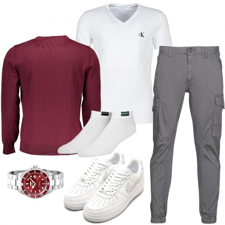 Outfit uomo - Domenica al brunch. Stile Casual per Tutti i giorni. Abbinamento con pantaloni cargo, maglieria, orologi, t-shirt, calzini, sneakers.
