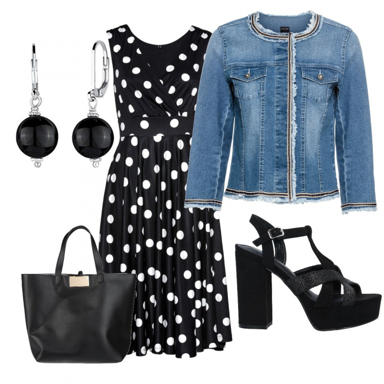 Outfit donna - Pois.... per Tutti i giorni. Abbinamento con vestiti, giacche, sandali col tacco, borse a mano, orecchini.