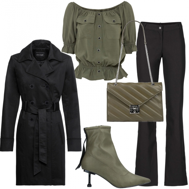 Outfit donna - Pioggia insistente. Stile Urban per Ufficio. Abbinamento con pantaloni, trench, camicie, stivaletti, borse a spalla.