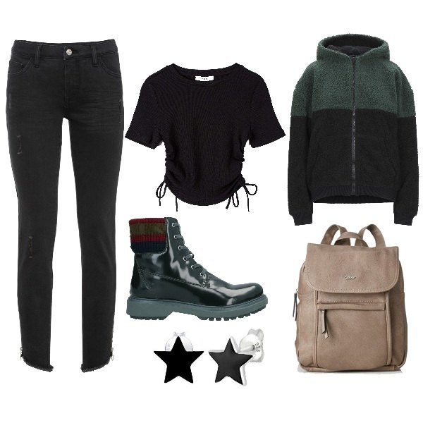 Outfit donna - Basic per tutti i giorni. Stile Basic per Tutti i giorni. Abbinamento con jeans skinny, stivaletti, cappotti, t-shirt, zaini, orecchini.