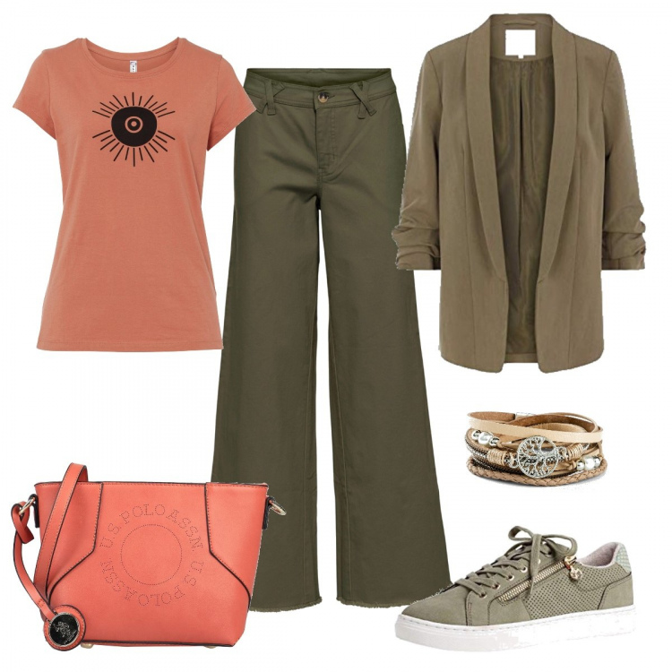 Outfit donna - Verde & Arancio. Stile Basic per Tutti i giorni. Abbinamento con pantaloni, braccialetti, t-shirt, borse a tracolla, sneakers, blazer.