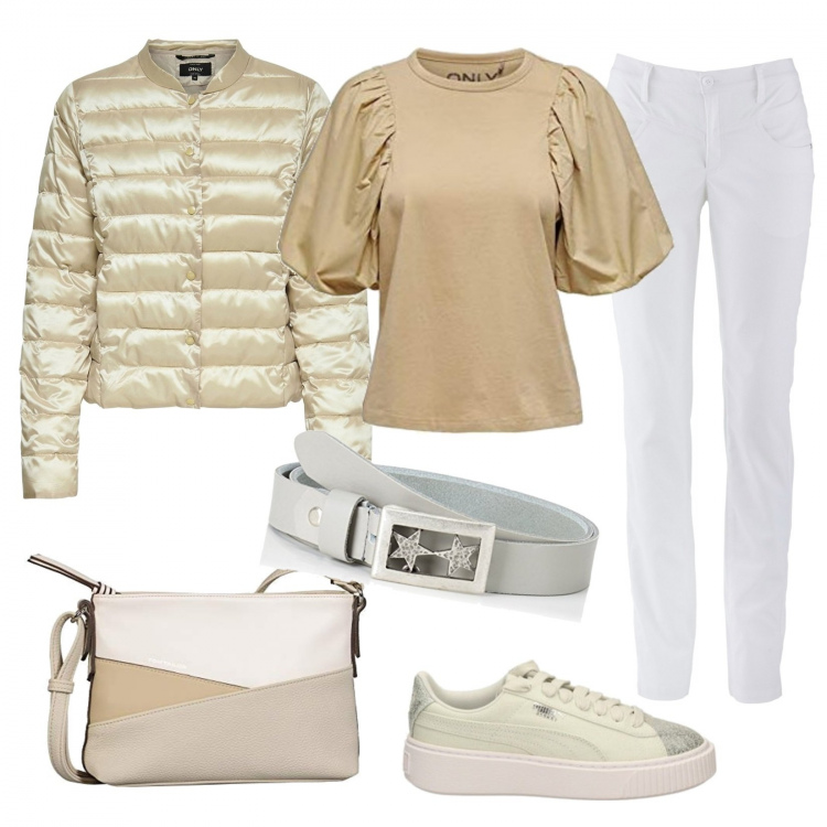 Outfit donna - Piumino light. Stile Basic per Tutti i giorni. Abbinamento con pantaloni, piumini, sneakers, t-shirt, borse a tracolla, cinture.