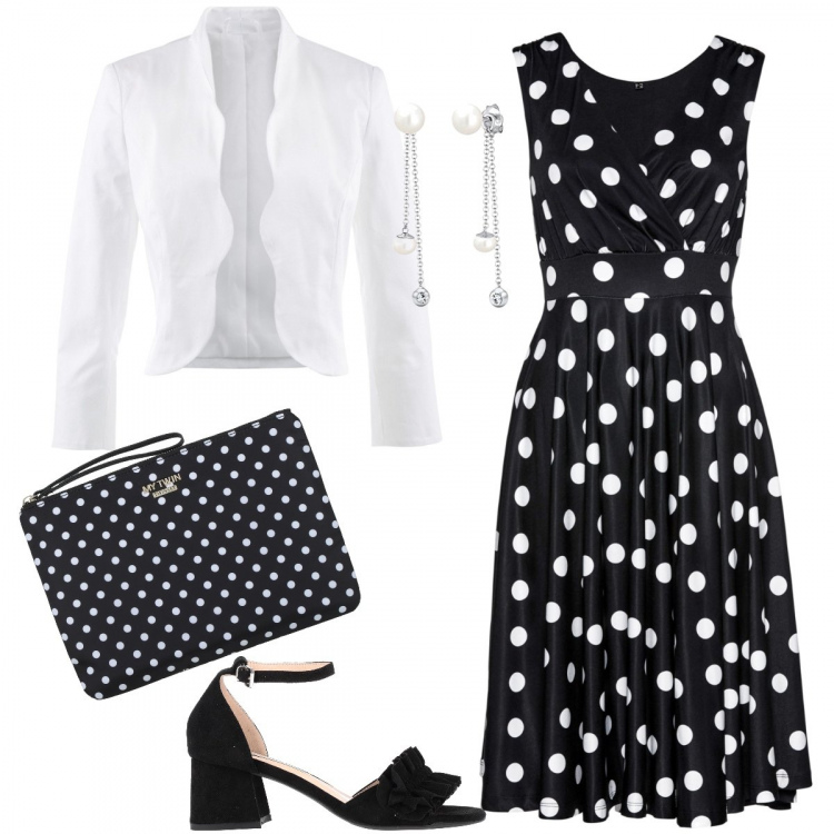Outfit donna - Smerli e pois. Stile Basic per Serata fuori. Abbinamento con vestiti, blazer, sandali col tacco, borse a mano, orecchini.