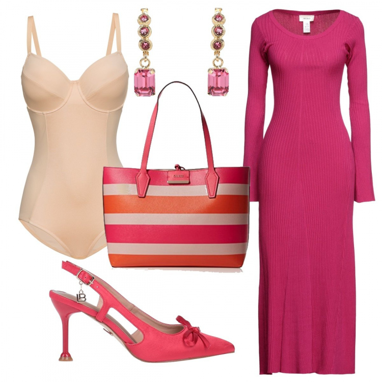 Outfit donna - L’abito longuette in viscosa. Stile Chic per Serata fuori. Abbinamento con body, vestiti midi/longuette, décolleté, orecchini, borse a spalla.