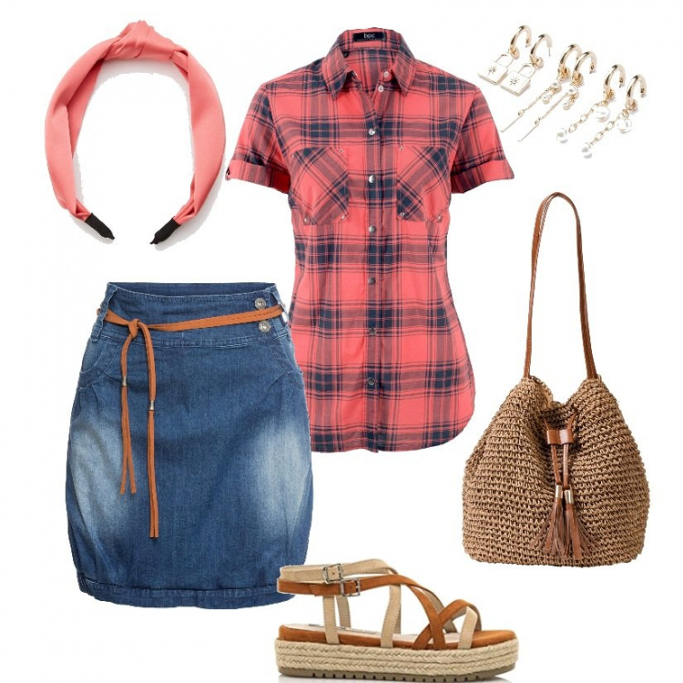 Outfit donna - Quadri e denim. Stile Basic per Tutti i giorni. look ideale per Petite. Abbinamento con minigonne, camicie a manica corta, borse a mano, orecchini, cerchietti, sandali.