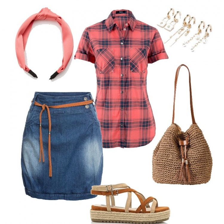 Outfit donna - Quadri e denim. Stile Basic per Tutti i giorni. look ideale per Petite. Abbinamento con minigonne, camicie a manica corta, borse a mano, cerchietti, orecchini, sandali.