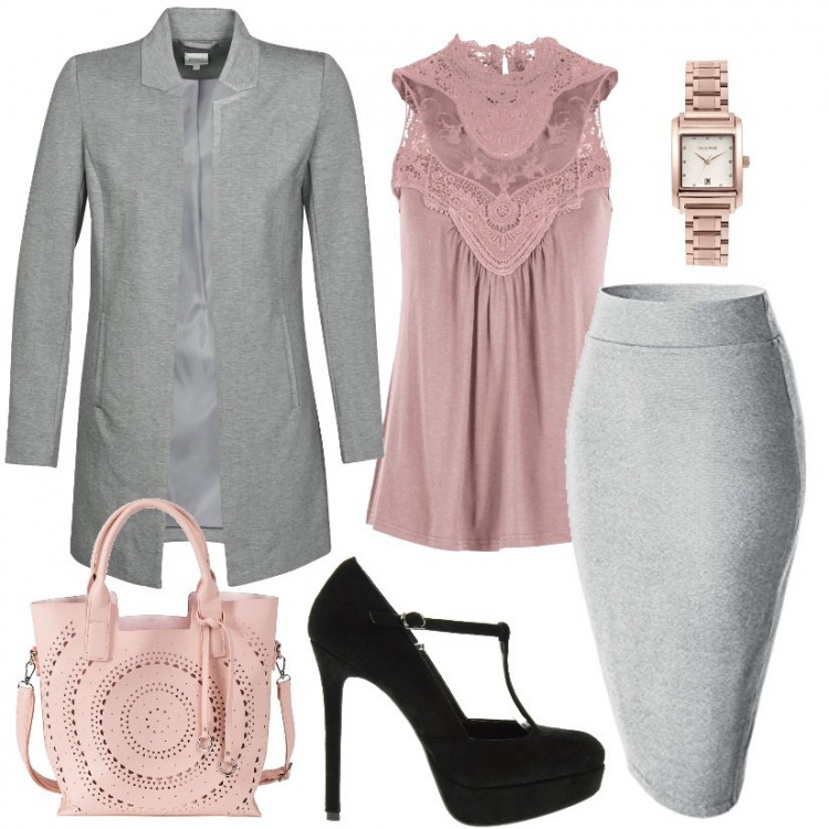 Outfit donna - Business Woman. Stile Bon Ton per Ufficio. look ideale per Petite. Abbinamento con top, borse a mano, cappotti, décolleté, gonne longuette, orologi.