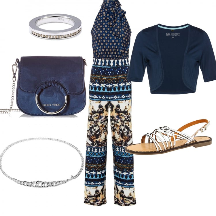 Outfit donna - Tuta estiva. Stile Trendy per Serata fuori. Abbinamento con blazer, tute, sandali in pelle, cinture, borse a mano, anelli.