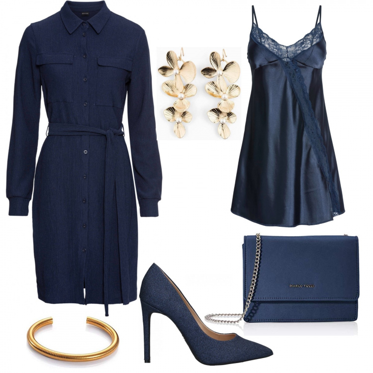 Outfit donna - Trendy #31780. Stile Trendy per Ufficio. Abbinamento con vestiti chemisier, vestaglie, orecchini, décolleté, clutch, braccialetti.