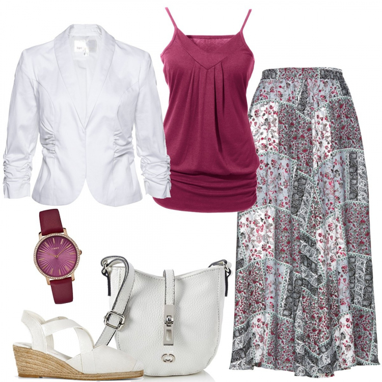 Outfit donna - Il blazer con arricciature. Stile Basic per Tutti i giorni. Abbinamento con top, reggiseni, blazer, sandali, borse a tracolla, orologi analogici.