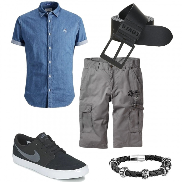 Outfit uomo - Camicia in denim e bermuda.. Stile Trendy per Tutti i giorni. Abbinamento con bermuda, cinture, sneakers, camicie a manica corta, braccialetti.