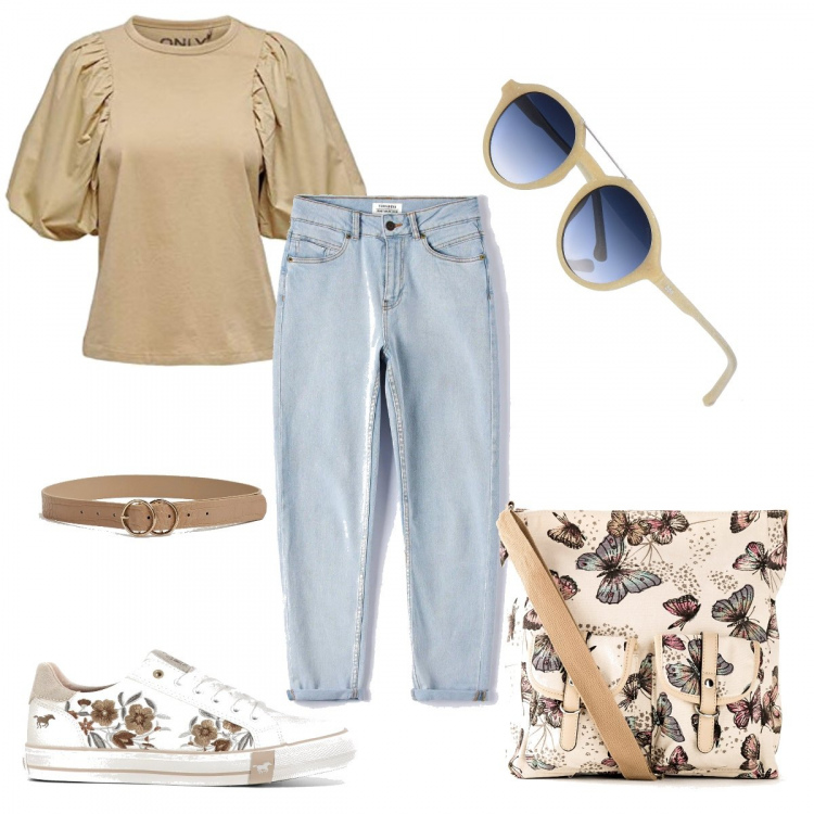 Outfit donna - Tempo libero. Stile Trendy per Tutti i giorni. look ideale per Petite. Abbinamento con occhiali da sole, borse a tracolla, sneakers, jeans mom, cinture, t-shirt.