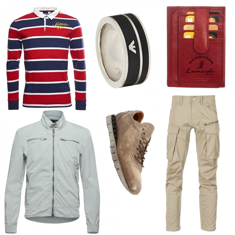 Outfit uomo - Giornata in ufficio. Stile Casual per Ufficio. Abbinamento con sneakers, portafogli, pantaloni, giacche, anelli, polo.