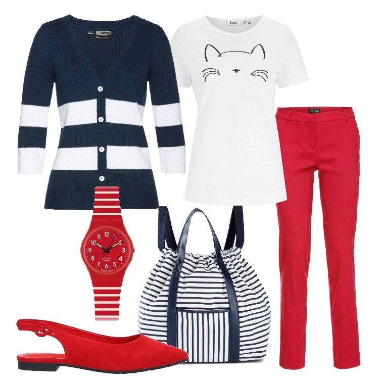 Outfit donna - Basic a righe. Stile Basic per Tutti i giorni. Abbinamento con cardigans, t-shirt, pantaloni, zaini, ballerine, orologi.