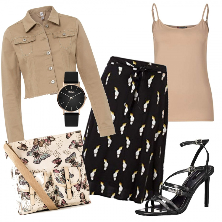 Outfit donna - Insegnante di ballo. Stile Chic per Tutti i giorni. Abbinamento con borse a tracolla, giacche, gonne, sandali col tacco, t-shirt, orologi.