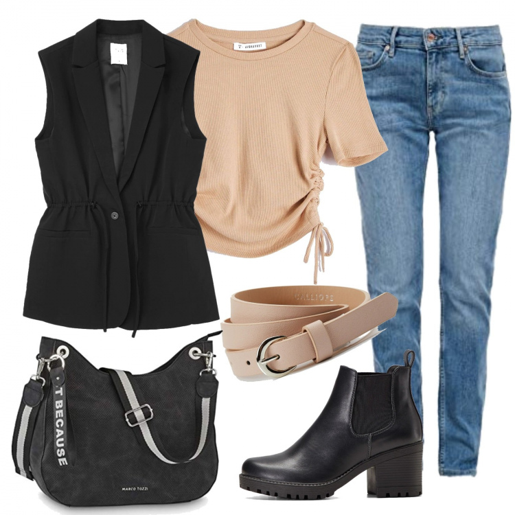 Outfit donna - Basic con gilet. Stile Basic per Tutti i giorni. Abbinamento con stivaletti chelsea, t-shirt, gilet, cinture, jeans dritti, borse a mano.