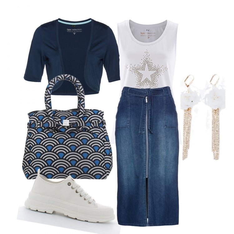 Outfit donna - Longuette in jeans. Stile Trendy per Tutti i giorni. Abbinamento con borse a mano, blazer, gonne, top, orecchini, sneakers.