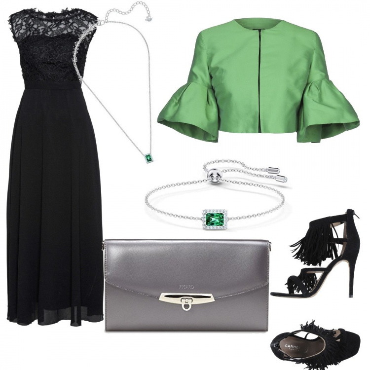 Outfit donna - Chic, serata dedicata. Stile Chic per Serata fuori. Abbinamento con vestiti lunghi, blazer, sandali col tacco, collane, borse a mano, braccialetti.