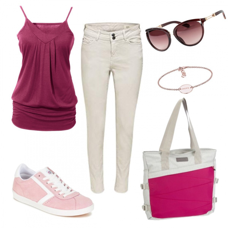 Outfit donna - Passeggiata in stile basic. Stile Basic per Tutti i giorni. Abbinamento con top, occhiali da sole, sneakers, jeans skinny, shopping bag, braccialetti.