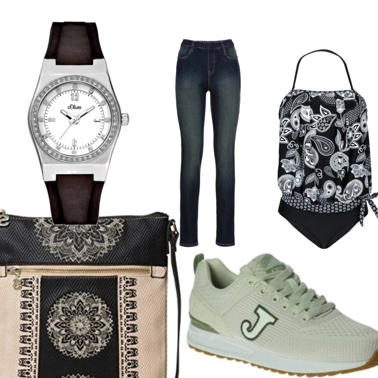 Outfit donna - Basic #19975. Stile Basic per Mare. Abbinamento con jeggings, costumi interi, scarpe sportive, borse a tracolla, orologi.