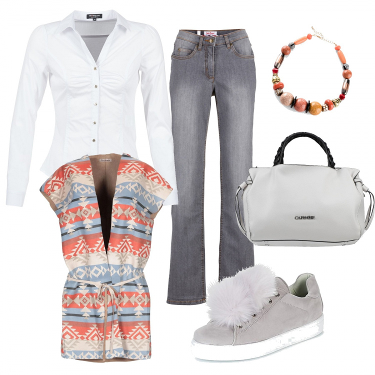 Outfit donna - Pronta per domani. Stile Trendy per Ufficio. Abbinamento con jeans dritti, collane, cappotti, borse a mano, camicie, sneakers.