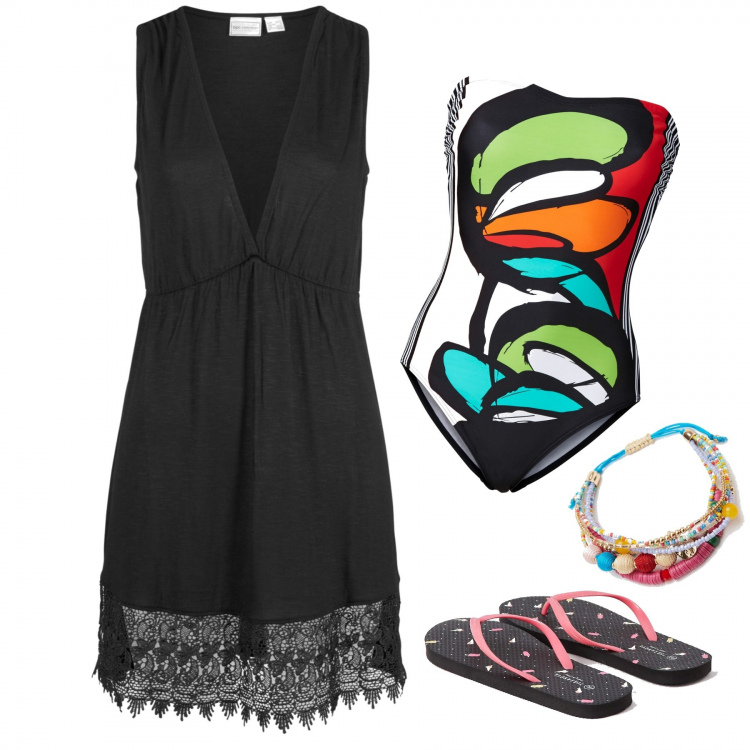 Outfit donna - Vita da spiaggia. Stile Basic per Mare. Abbinamento con vestiti da spiaggia, costumi interi, infradito, braccialetti.