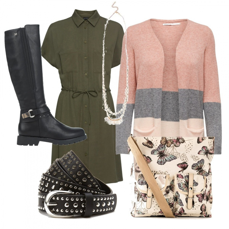 Outfit donna - Vivere al massimo. Stile Basic per Tutti i giorni. Abbinamento con stivali, borse a tracolla, vestiti chemisier, cardigans, cinture, collane.