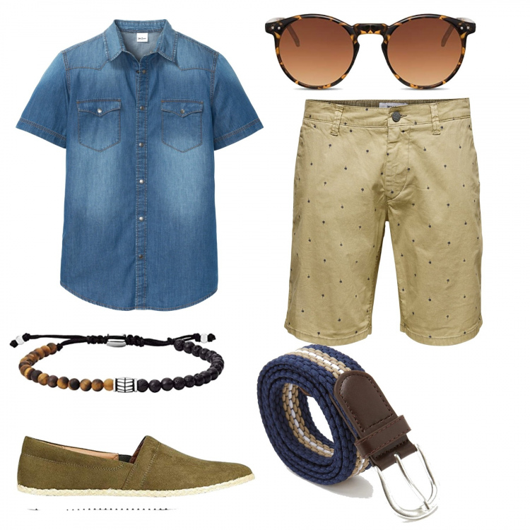 Outfit uomo - Urban #5699. Stile Urban per Tutti i giorni. Abbinamento con camicie a manica corta, shorts, cinture, occhiali da sole, espadrillas, braccialetti.