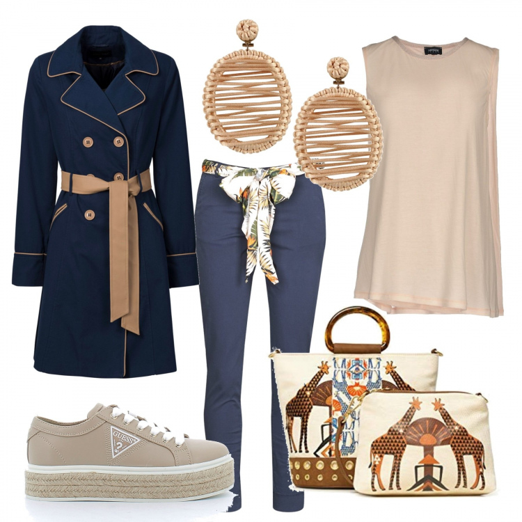 Outfit donna - In viaggio. Stile Basic per Tutti i giorni. Abbinamento con trench, canottiere, orecchini, pantaloni, sneakers, borse a mano.