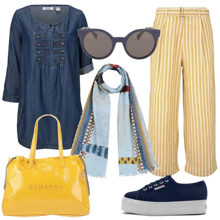 Outfit donna - Camicia di jeans. Stile Basic per Tutti i giorni. Abbinamento con bluse, borse a mano, stole, sneakers, occhiali da sole, pantaloni culotte.