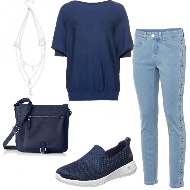 Outfit donna - Jeans decorato sul lato. Stile Basic per Tutti i giorni. Abbinamento con maglieria, jeans skinny, ciondoli, sneakers, borse a tracolla.