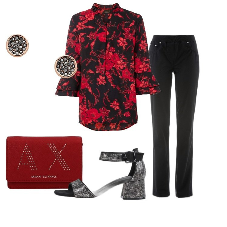 Outfit donna - Blusa floreale e sandalo glitter. Stile Chic per Serata fuori. Abbinamento con pantaloni sportivi, bluse, sandali col tacco, borse a tracolla, orecchini.